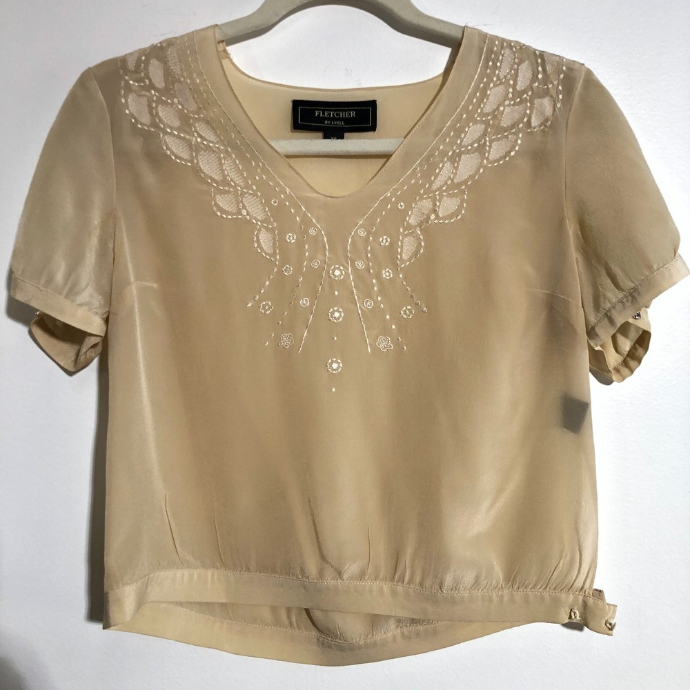 Fletcher Sheer 100% Silk Embroidered Cream/Beige Blouse XS